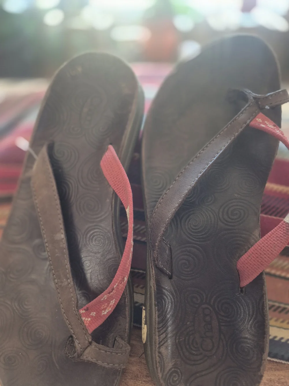 Chaco Brown Flip Flop Sandals with Red Straps